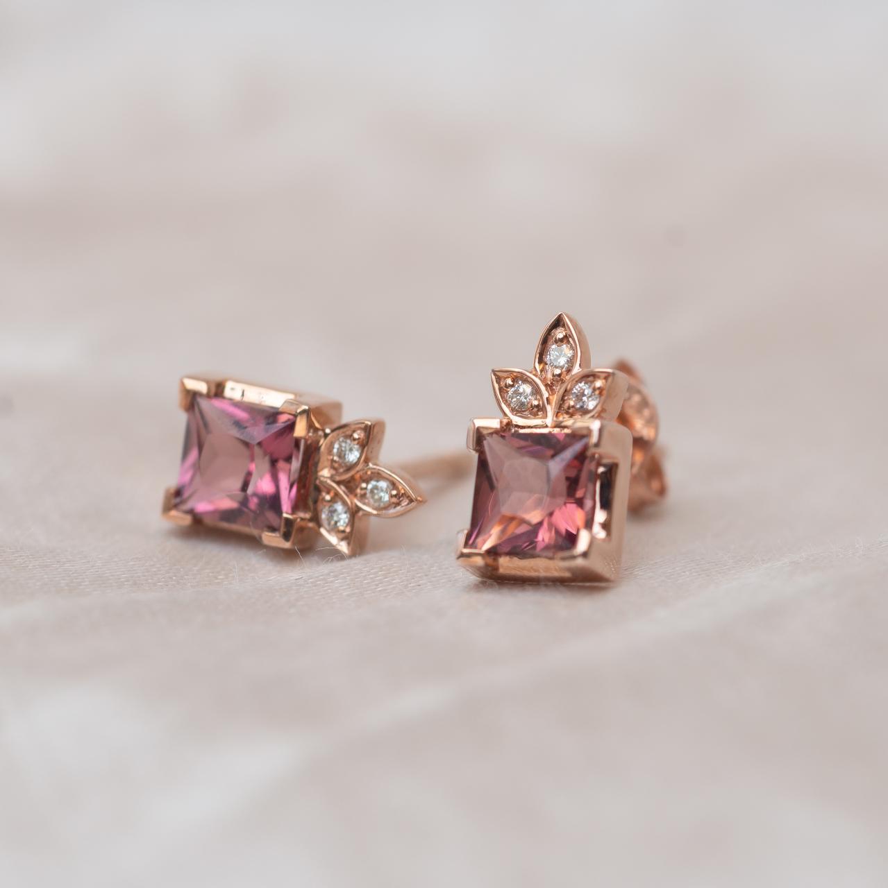 Pink Tourmaline & Diamond studs