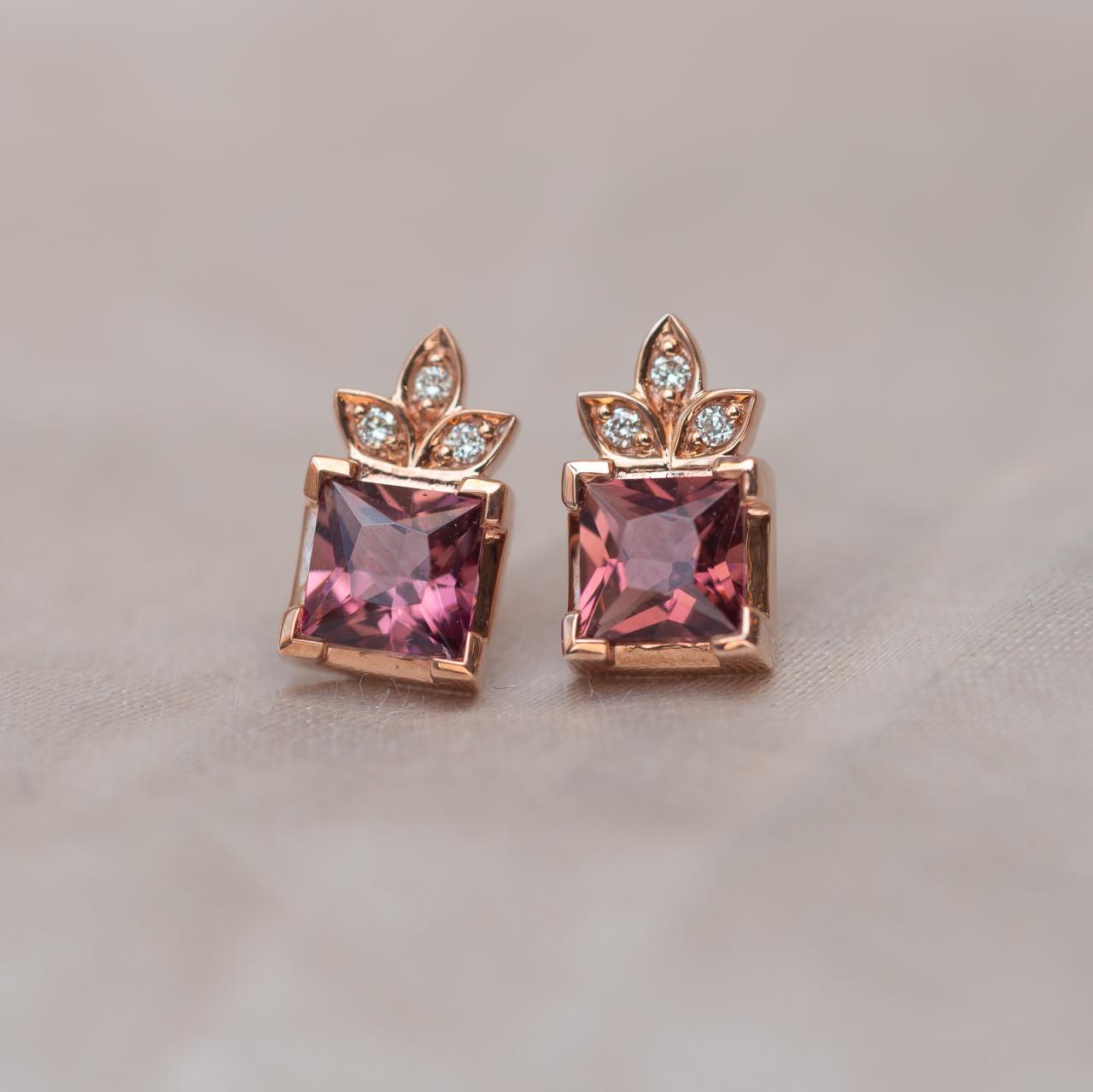 Pink Tourmaline & Diamond studs