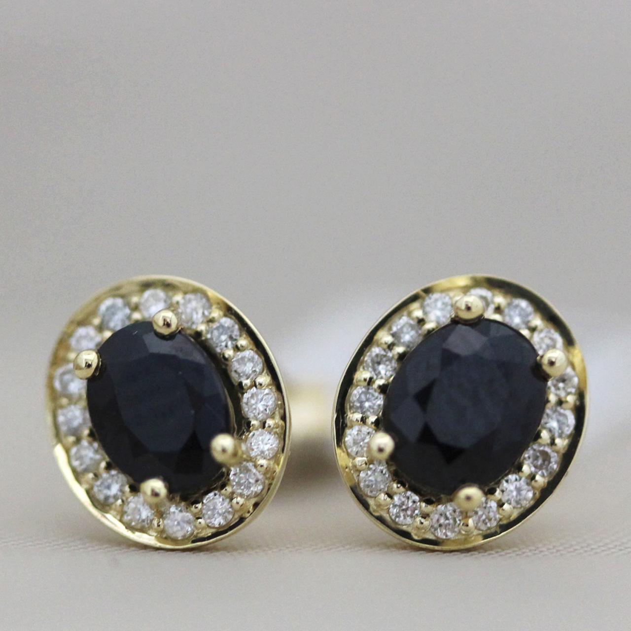 Oval Cut Sapphire Diamond Yellow Gold Stud Earrings