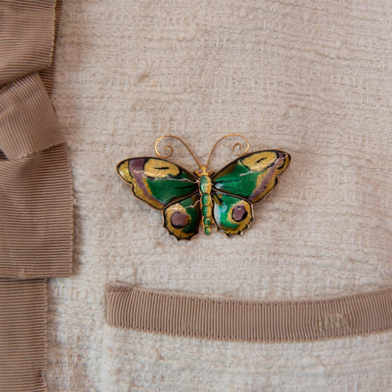 Vintage Emerald Green, Gold and Lavender Vermeil Butterfly Brooch