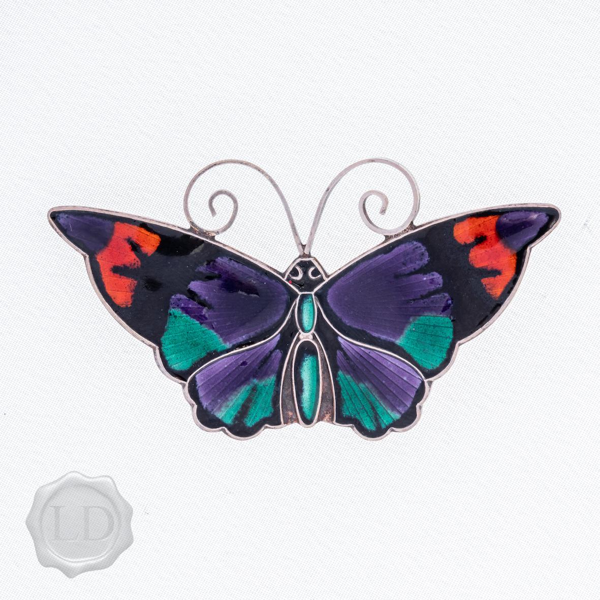 Vintage 55mm multi-colour guilloche butterfly brooch