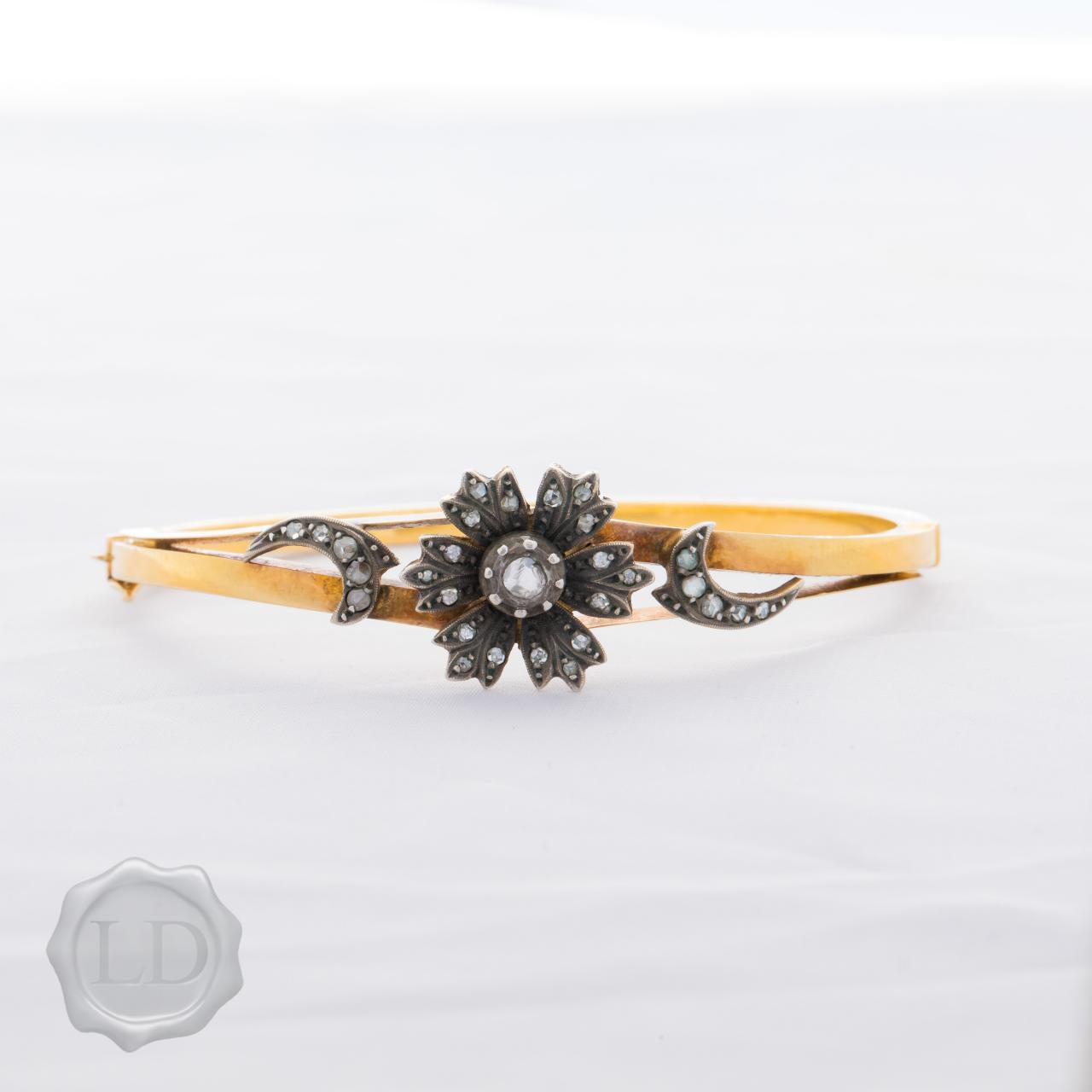 Antique Gold Crescent and Star Flower Diamond Set Bangle