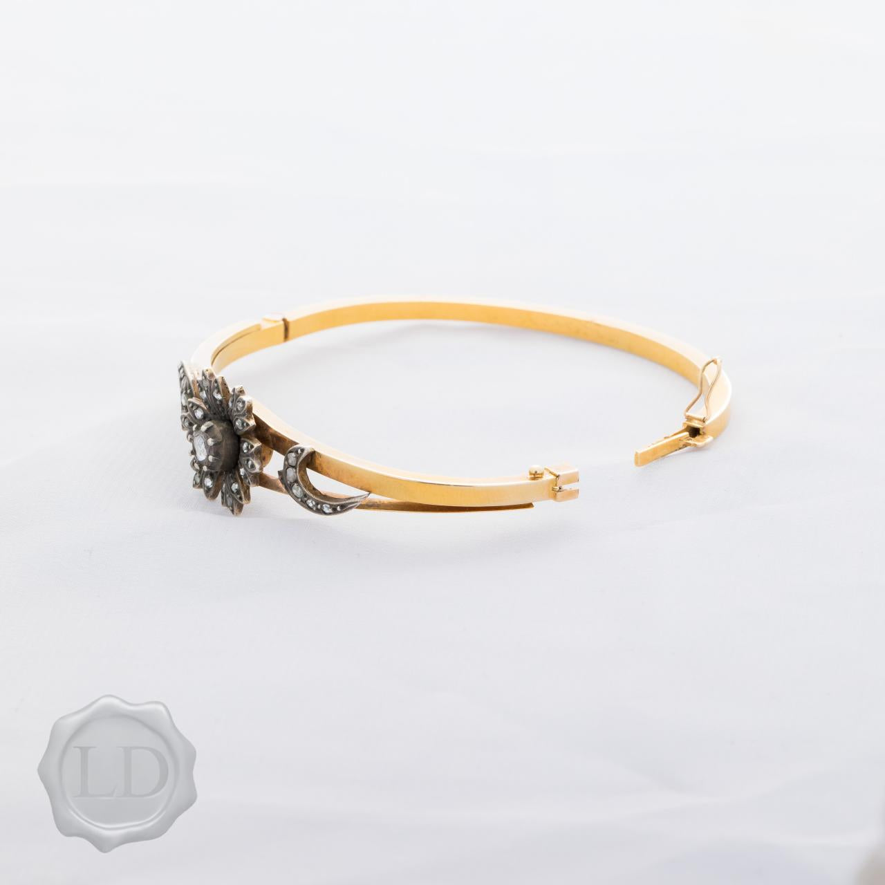 Antique Gold Crescent and Star Flower Diamond Set Bangle