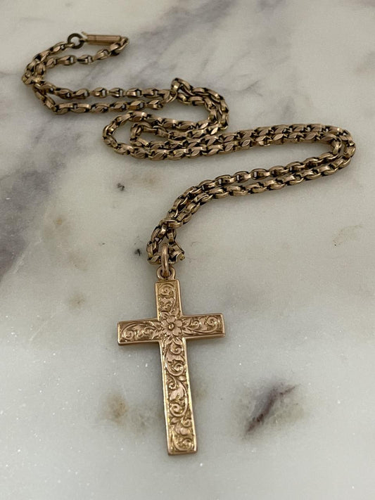Engraved antique cross & chain Engraved antique cross & chain