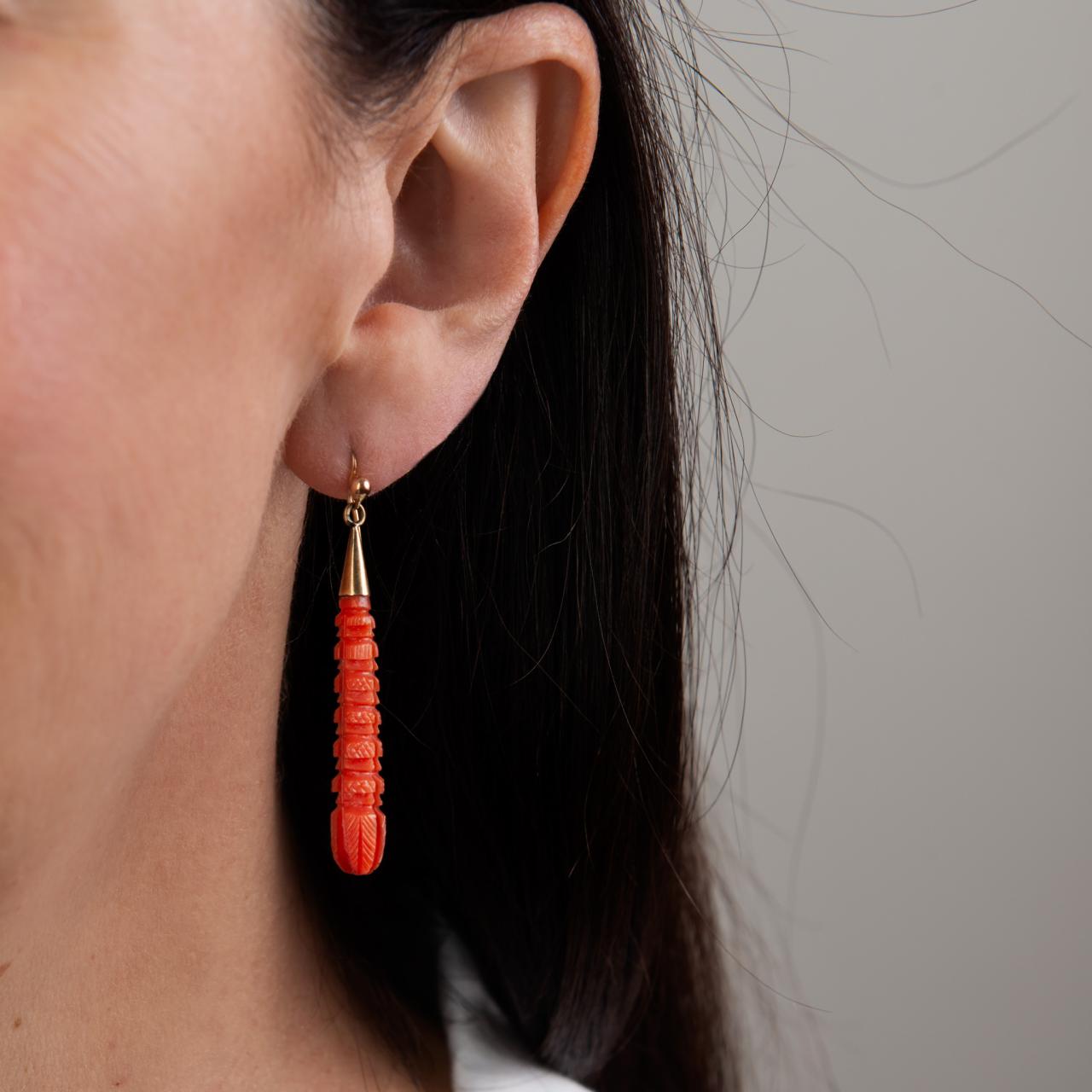 Antique carved coral drop earrings