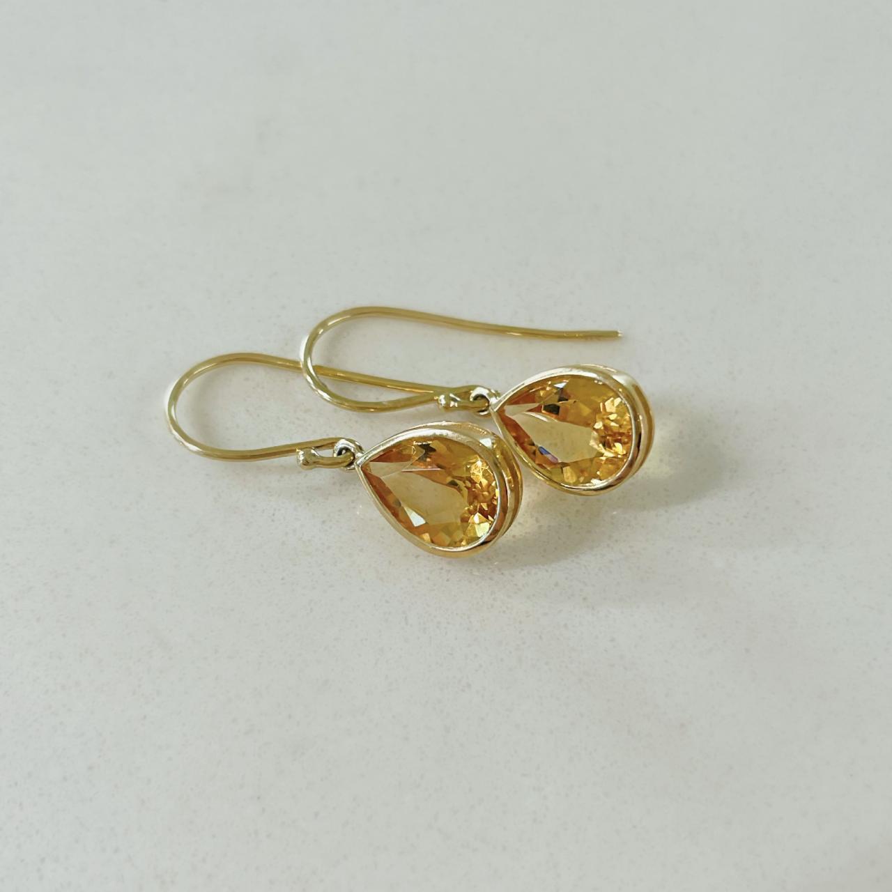 Pear Cut Citrine Yellow Gold Drop Earrings