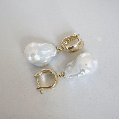 Pearl Yellow Gold Huggie Drop Earrings