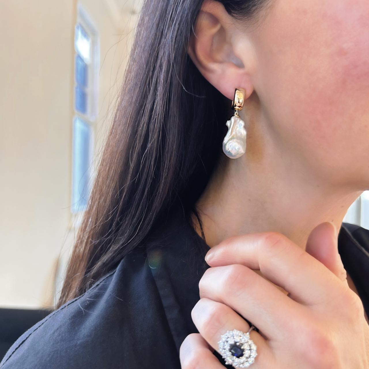 Pearl Yellow Gold Huggie Drop Earrings