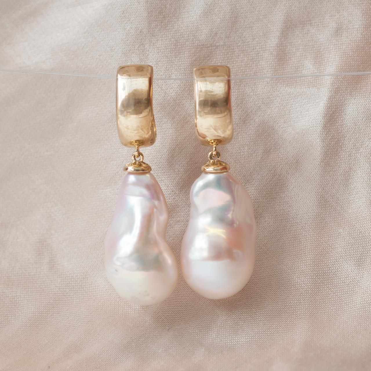 Pearl Yellow Gold Huggie Drop Earrings