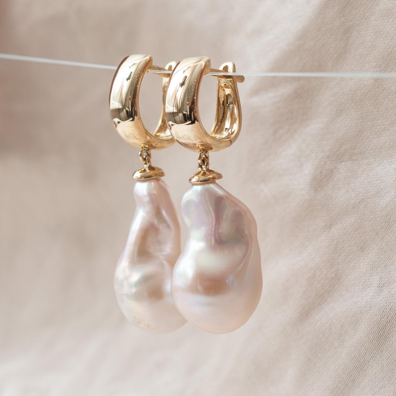 Pearl Yellow Gold Huggie Drop Earrings