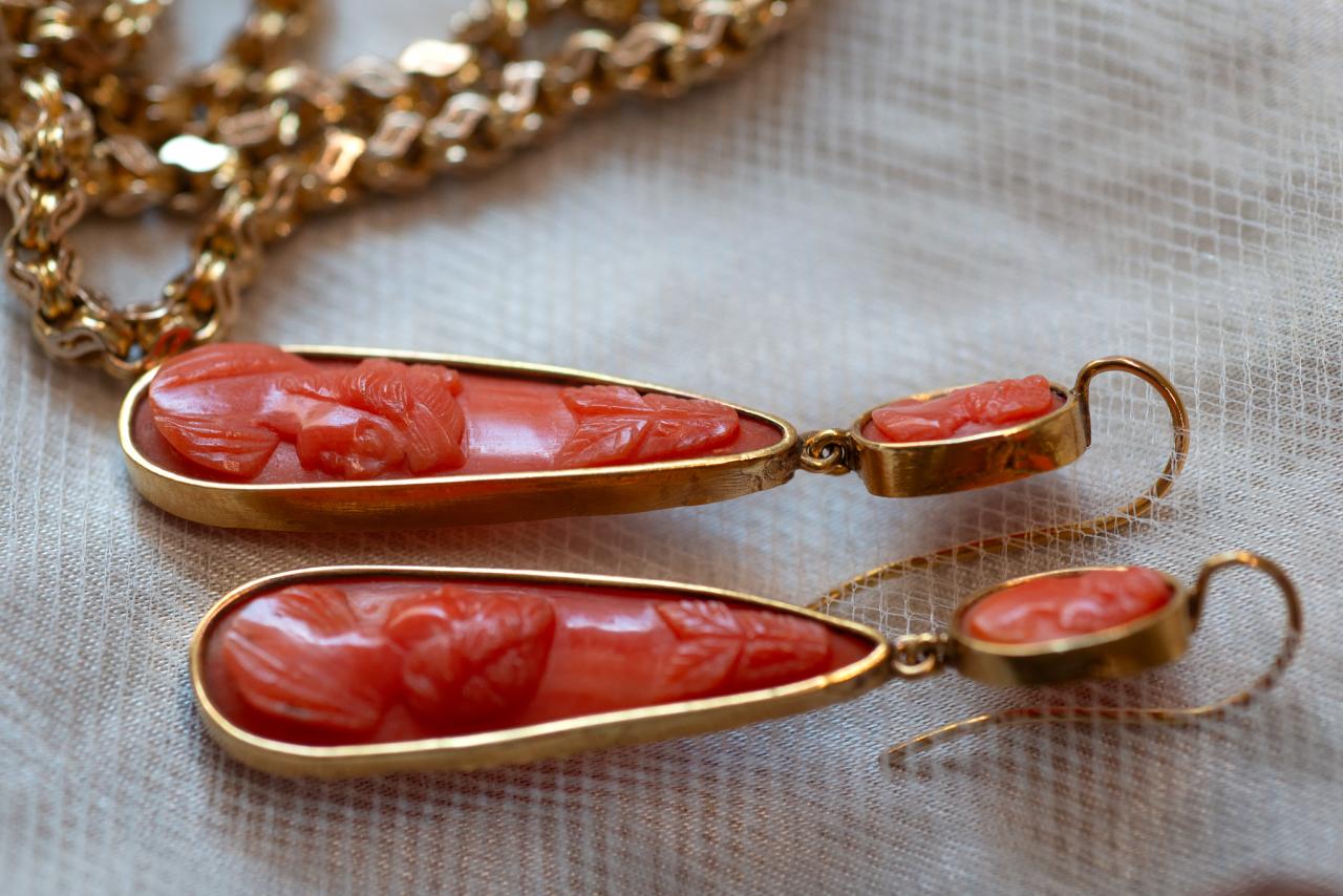 Coral cameo double drop earrings