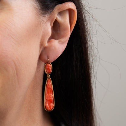 Coral cameo double drop earrings