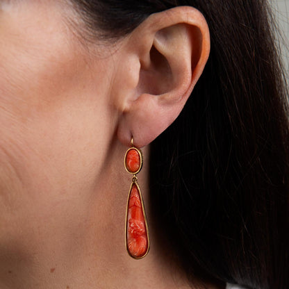 Coral cameo double drop earrings