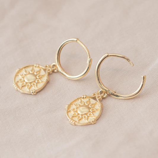 Greek sun disc drops, yellow gold Greek sun disc drops, yellow gold