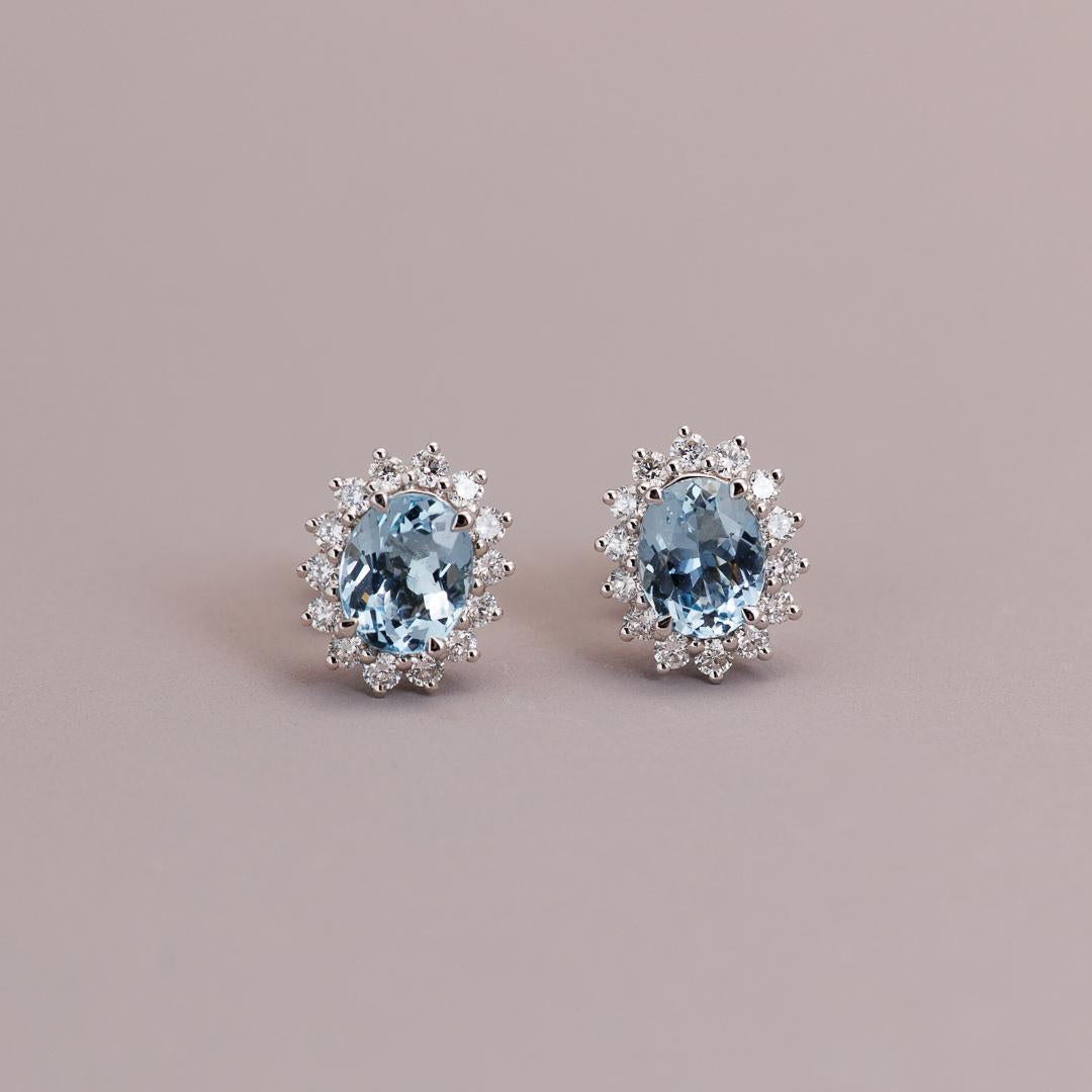 Aquamarine and diamond cluster stud earrings white gold