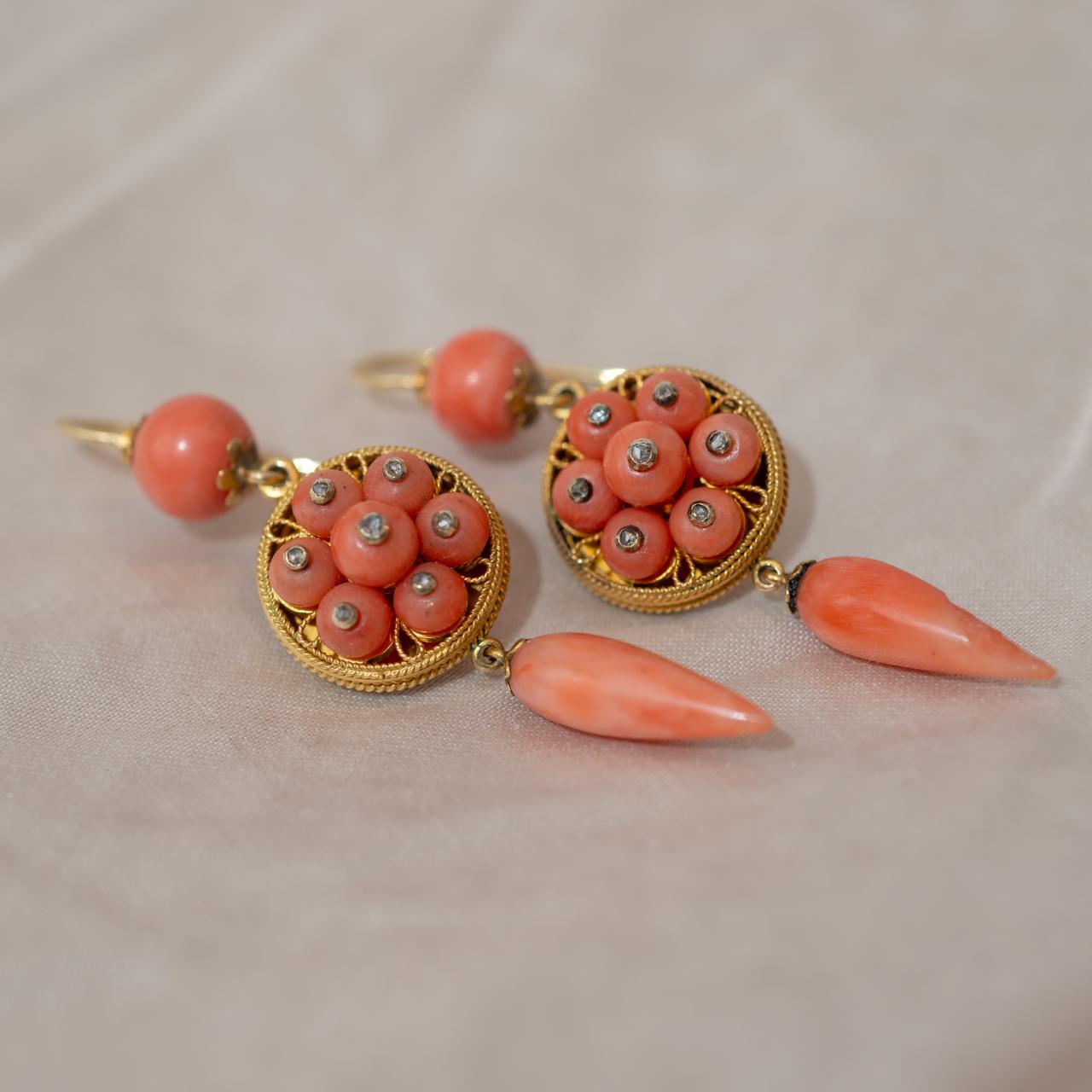 Antique coral and diamond ear pendants
