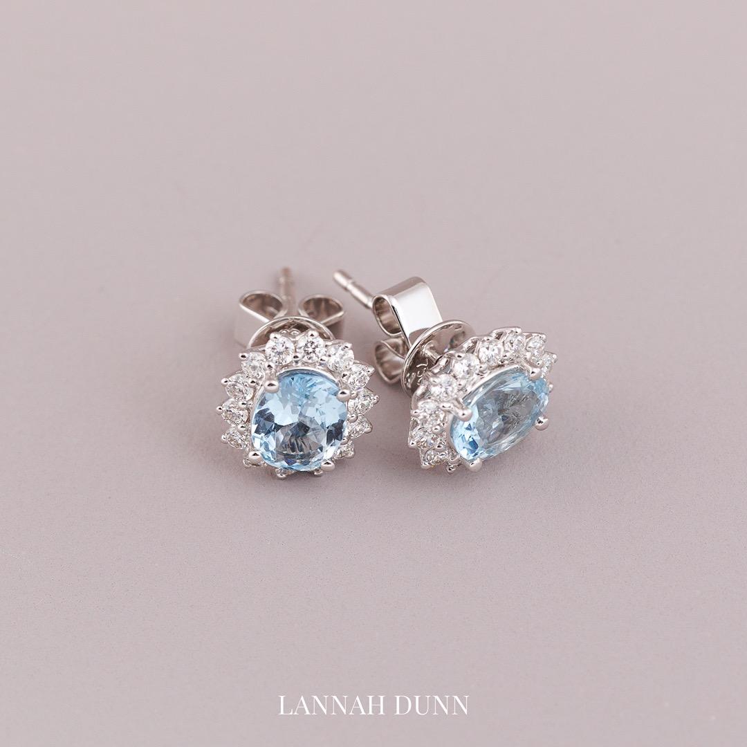 Oval cluster aquamarine and diamond stud earrings
