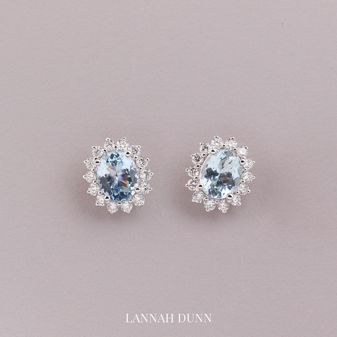 Oval cluster aquamarine and diamond stud earrings