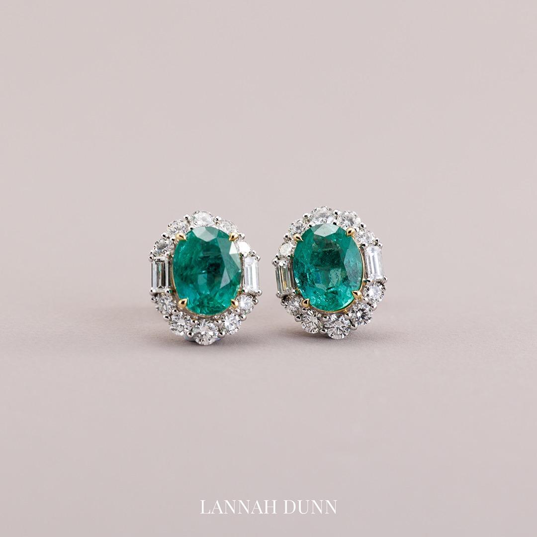 Large oval emerald & diamond cluster stud earrings