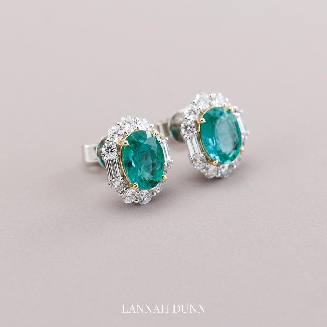 Large oval emerald & diamond cluster stud earrings