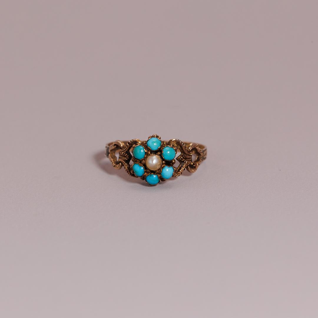 Antique Turquoise & Pearl Flower Momento Ring