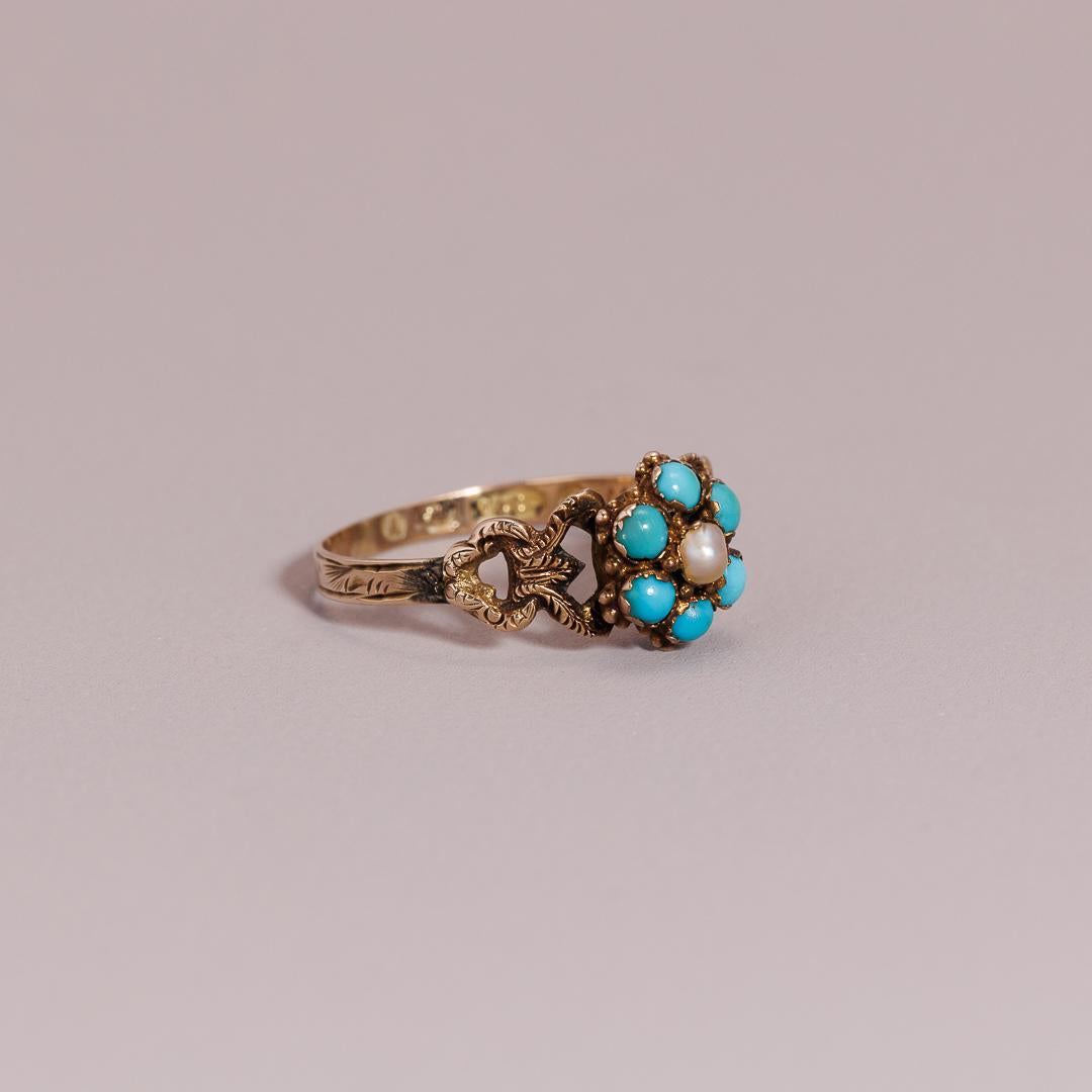 Antique Turquoise & Pearl Flower Momento Ring