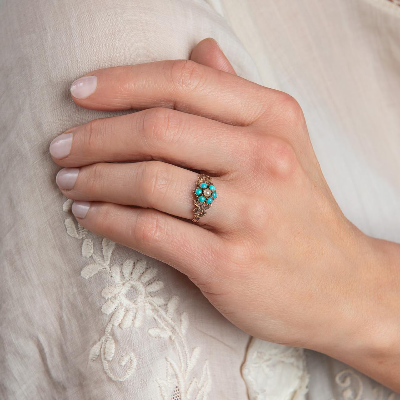 Antique Turquoise & Pearl Flower Momento Ring