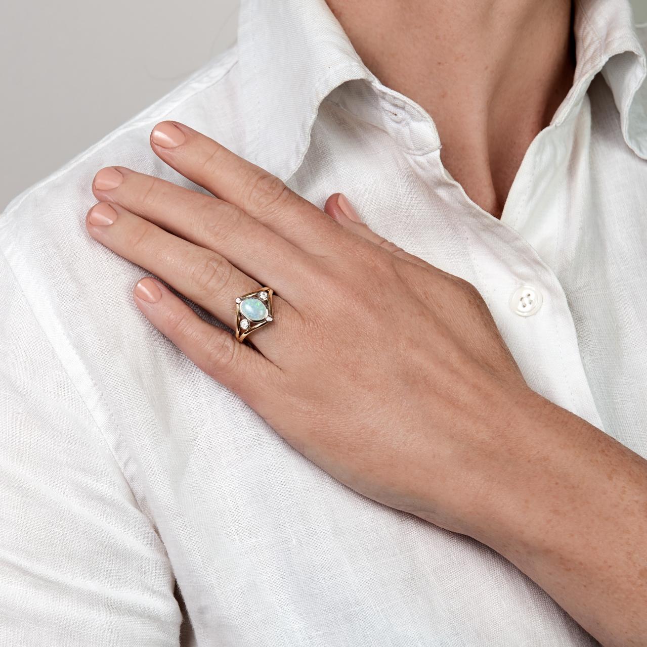 Art-Nouveau inspired Opal Diamond Plaque Ring