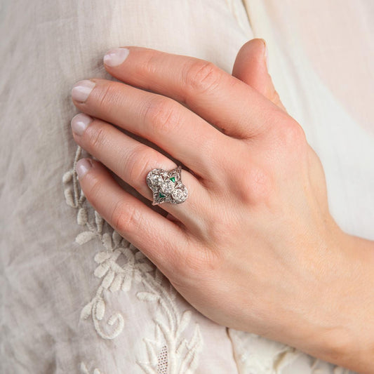 Art Deco Emerald Diamond Platinum Plaque Ring