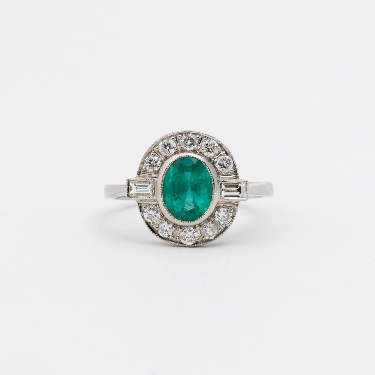 Platinum Art Deco Natural Emerald Diamond Ring