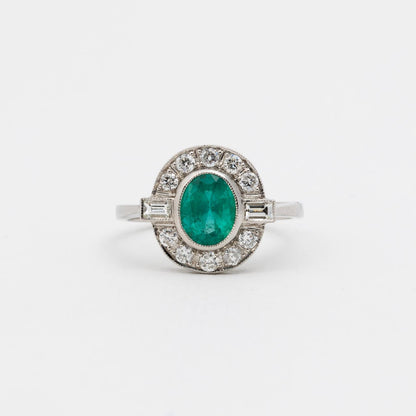 Platinum Art Deco Natural Emerald Diamond Ring