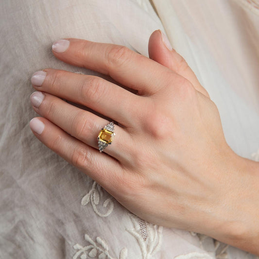 Platinum Art Deco Natural Yellow Sapphire Diamond Ring