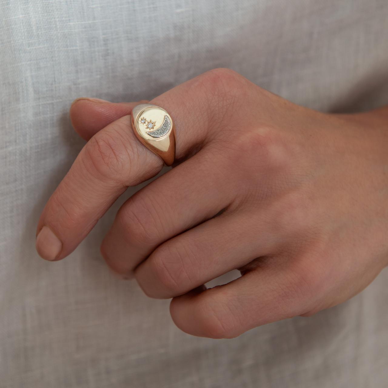 Diamond & Crescent Moon Monogram ring in 9ct yellow gold