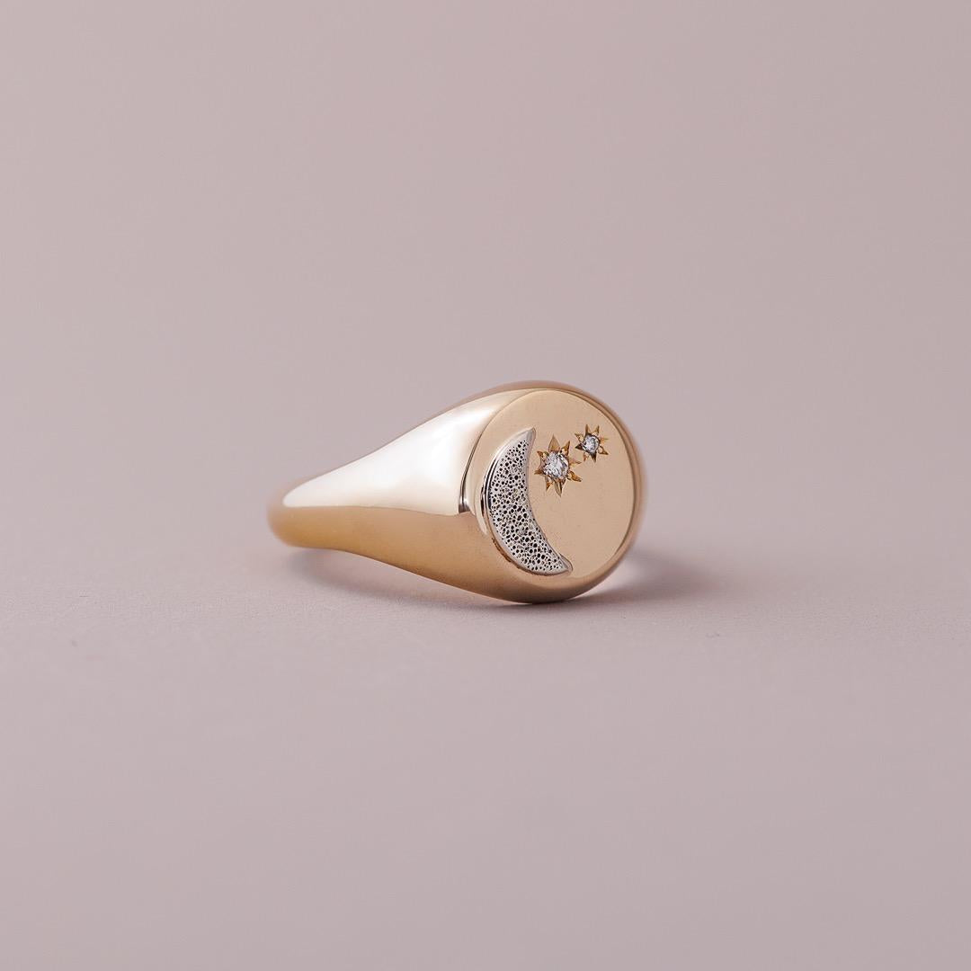 Diamond & Crescent Moon Monogram ring in 9ct yellow gold