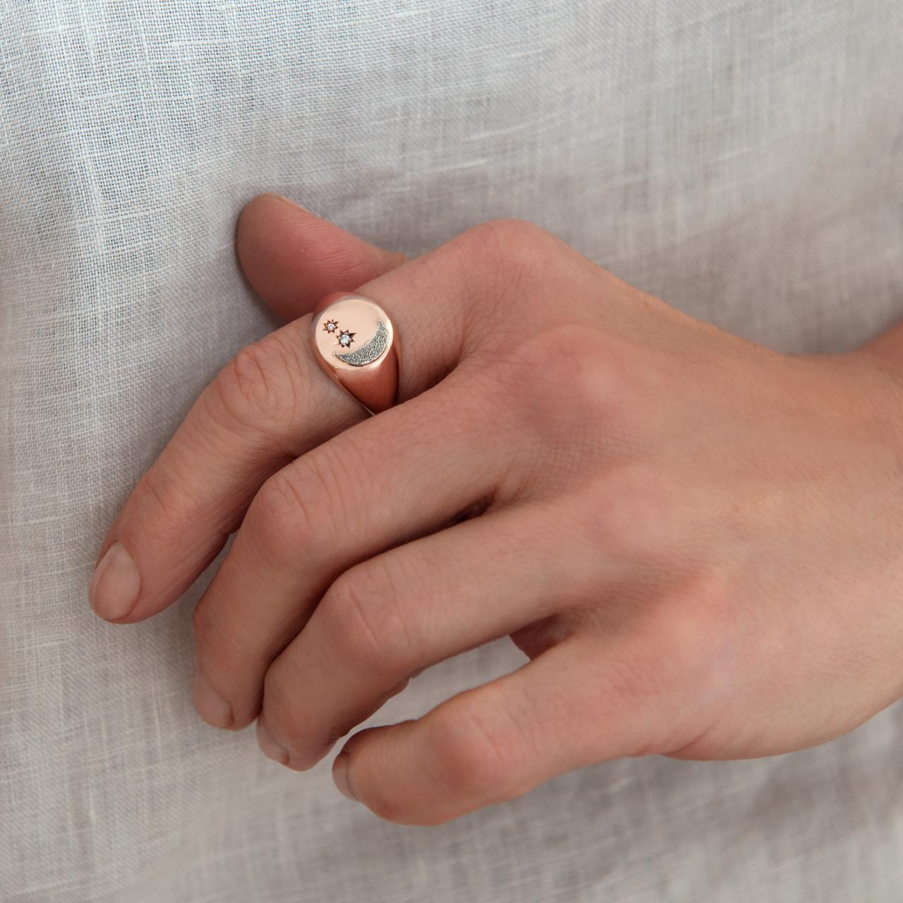 Crescent diamond Moon Monogram ring in 9ct Rose gold