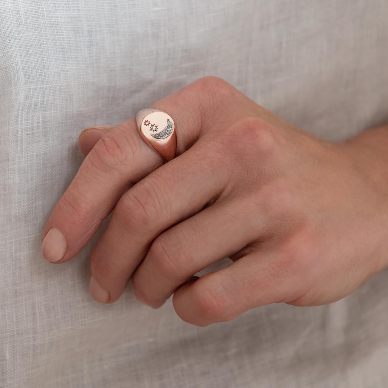 Crescent diamond Moon Monogram ring in 9ct Rose gold