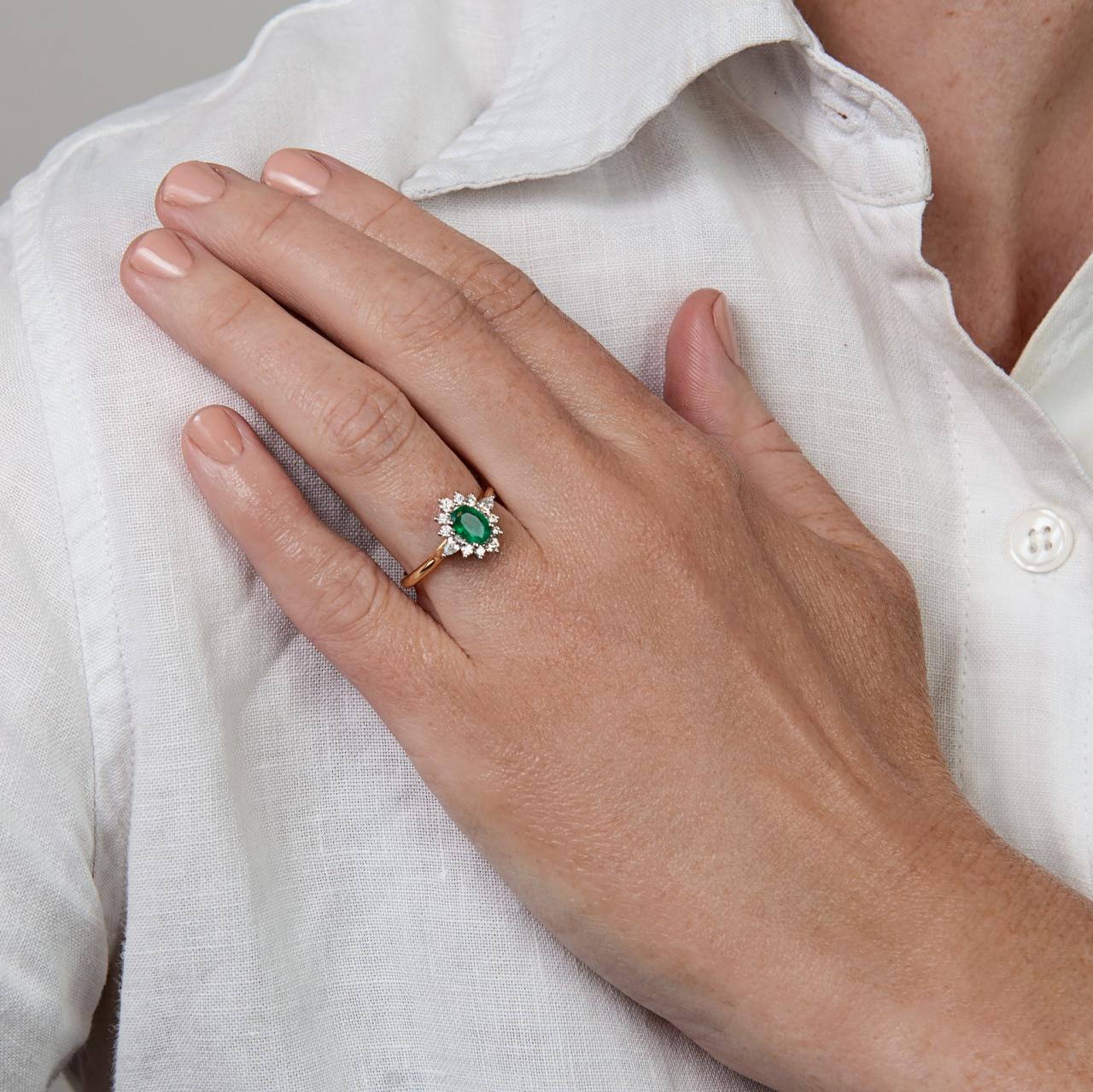Oval Cut Emerald & Diamond Cluster Ring