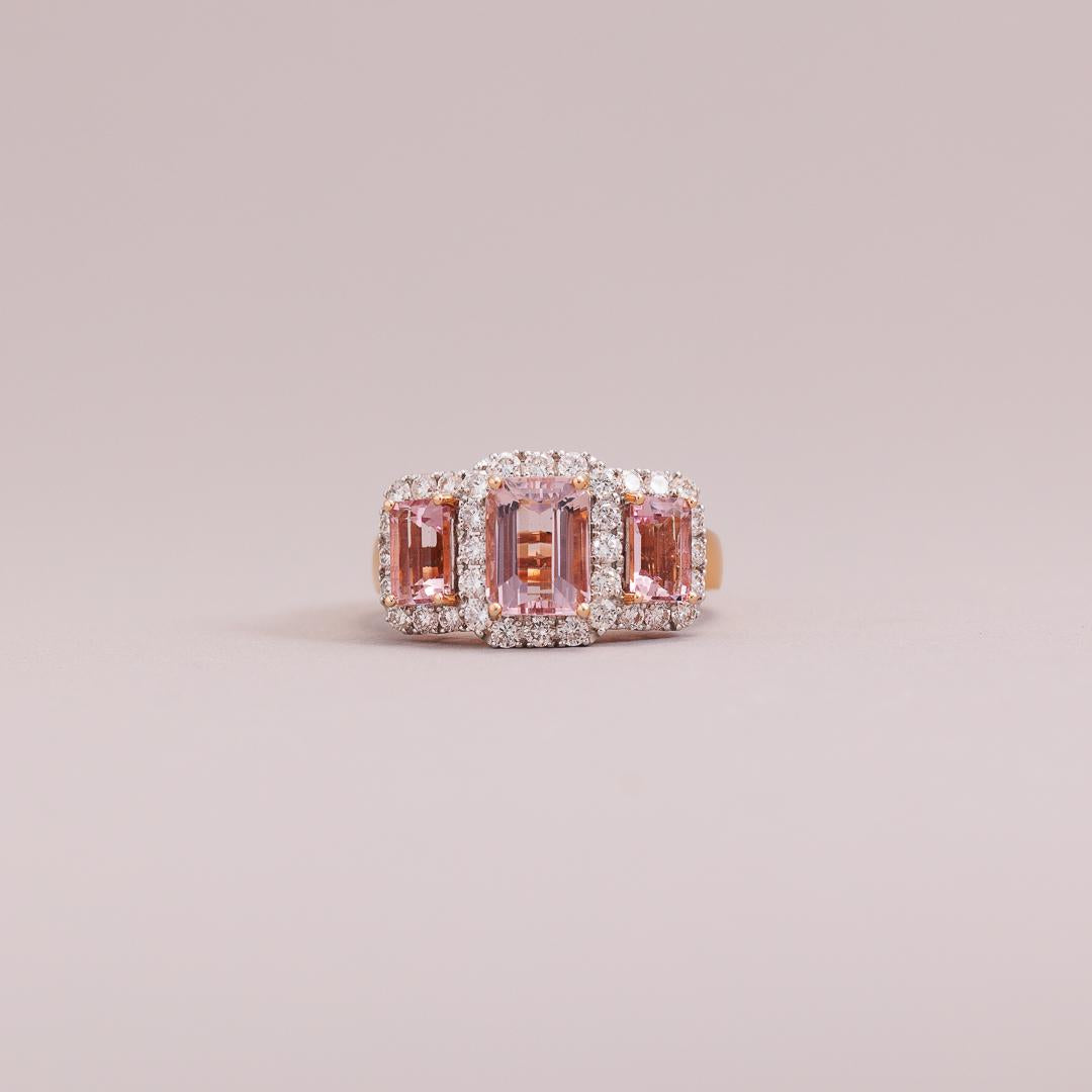 Emerald Cut Morganite Diamond Trilogy Cluster Ring