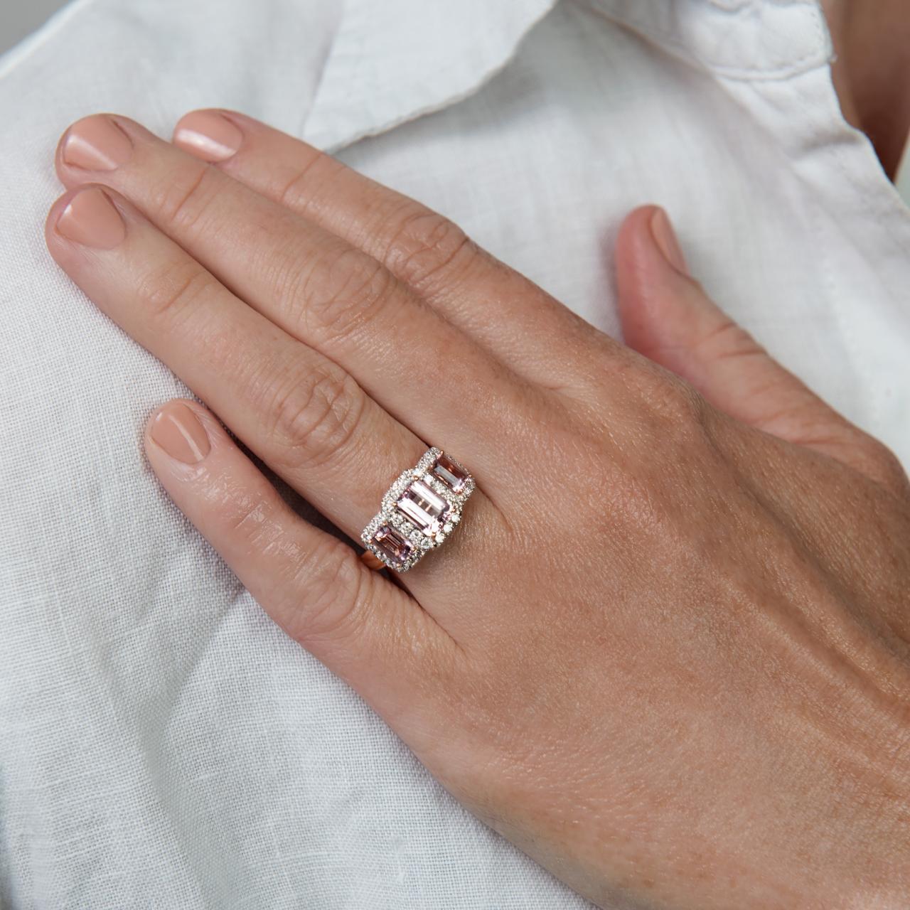 Emerald Cut Morganite Diamond Trilogy Cluster Ring