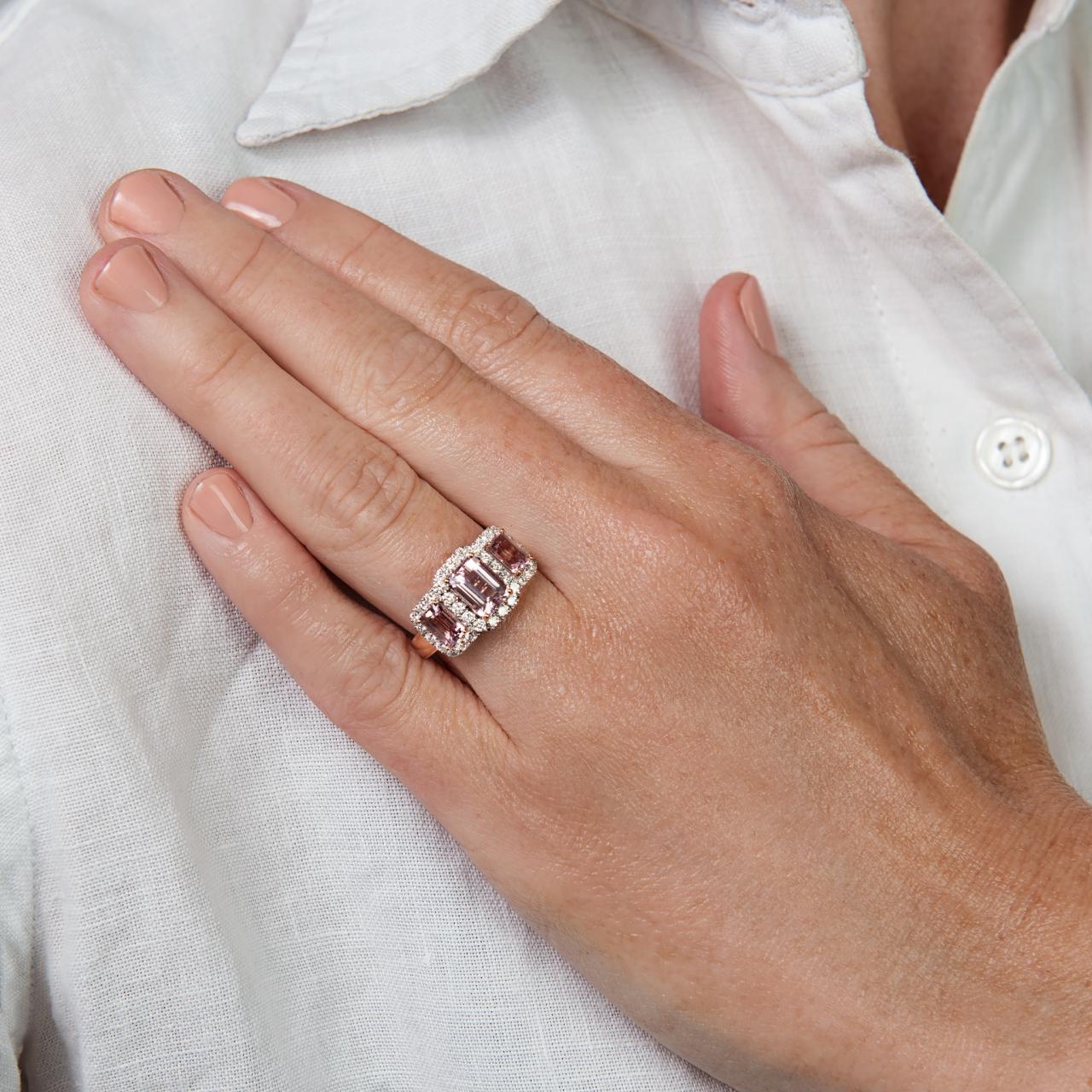 Emerald Cut Morganite Diamond Trilogy Cluster Ring