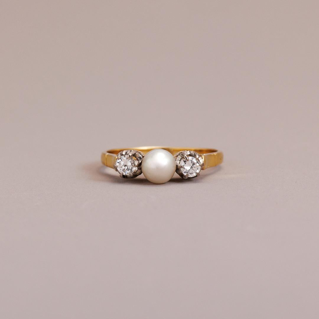 Vintage pearl & diamond three-stone ring