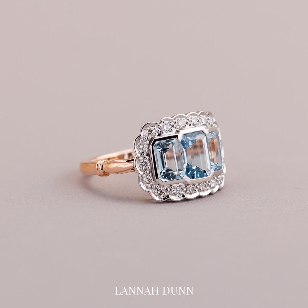 Vintage style Aquamarine & Diamond Plaque ring rose gold