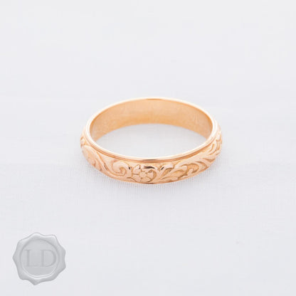 High carat LD wide carved antique style wedding band