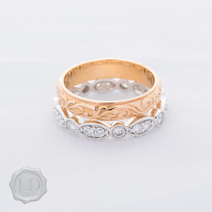 High carat LD wide carved antique style wedding band