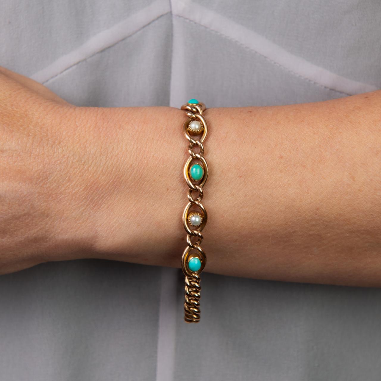 15ct antique pearl & turquoise set curb bracelet