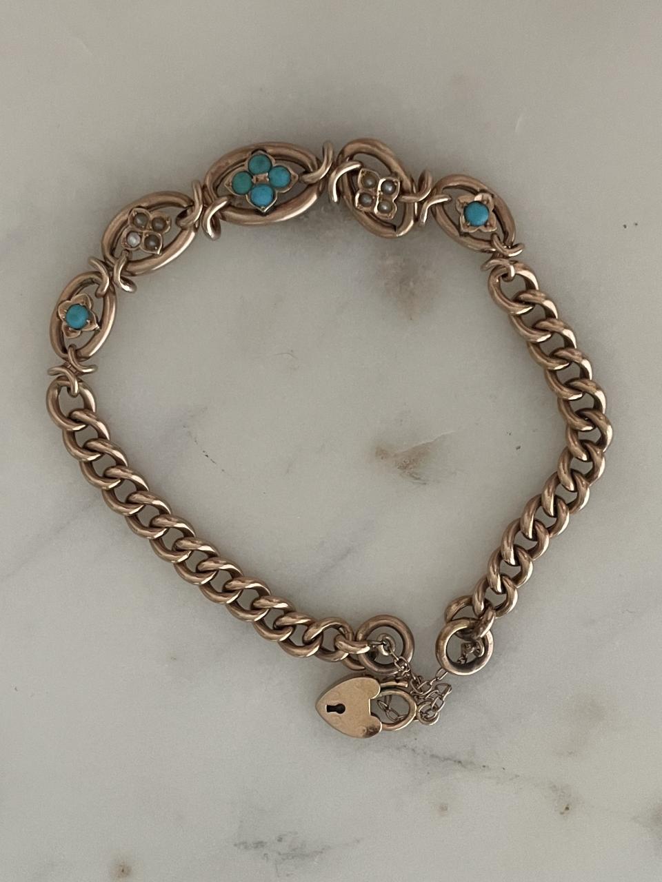Turquoise & Pearl antique padlock bracelet